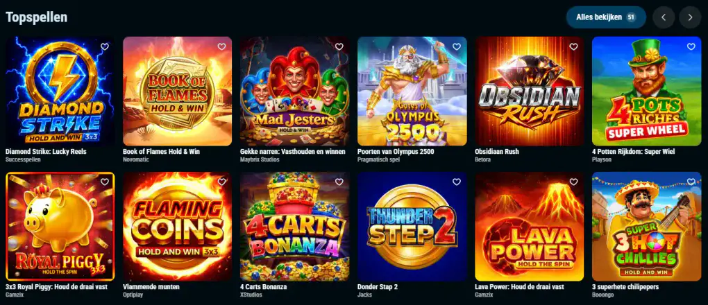 Populaire slots bij Blazingwildz met Diamond Strike, Book of Flames, Mad Jesters en andere casinospellen